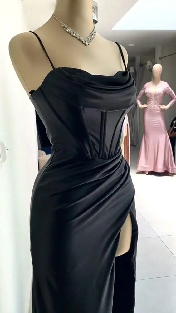 Wholesale Elegant Sheath Spaghetti Straps Black Slit Long Prom Dresses Evening Dress gowns evening dresses
